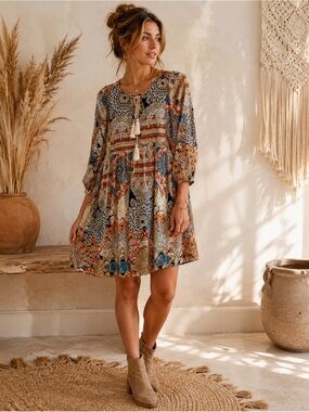 Boho Geometric Peasant Dress | Empire Waist Tassel Tie Balloon Sleeve Mini